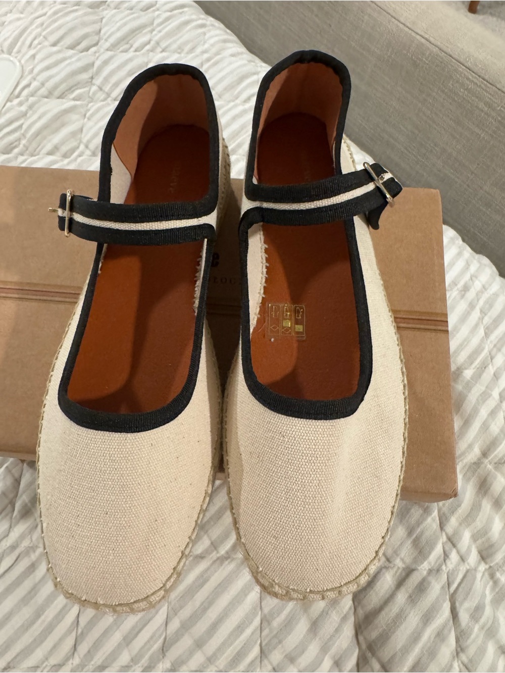 Maeve Cream Espadrille Mary Jane Flats with Black Trim - Picture 4 of 8